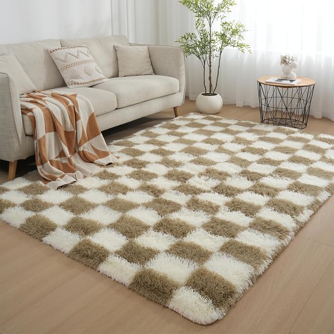 Checkered Area Rugs for Living Room 8x10, Fluffy Beige and White Checkered Rug - Image 2