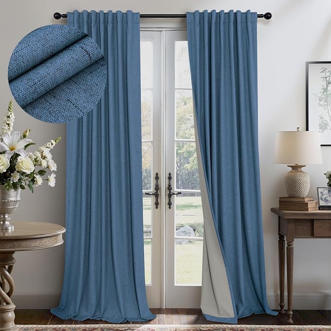Denim Blue Blackout Drapes 96 Inches Long 2 Panel Burg Cute Linen Textured by Pitalk