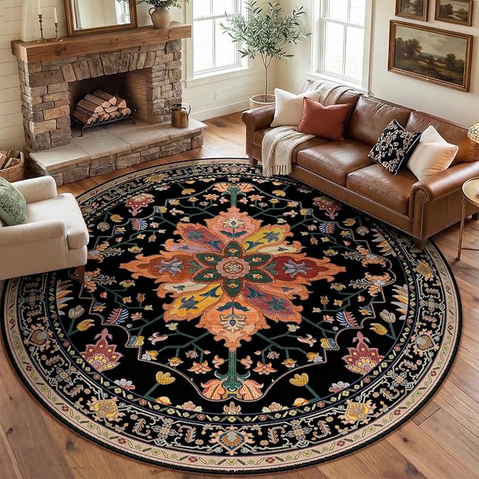 RELEANY Area Rugs 8ft Washable Non-Slip, Floral Vintage Distress Print Pattern by RELEANY