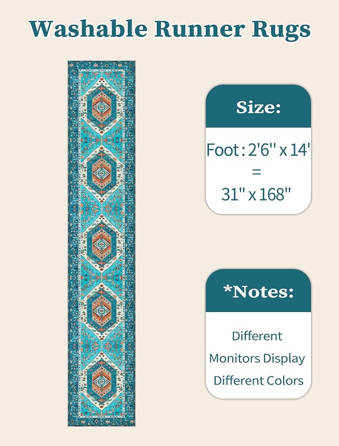 SERISSA Runner Rug for Hallways, Extra Long Boho Rug Ultra Soft Vintage Blue - Image 6