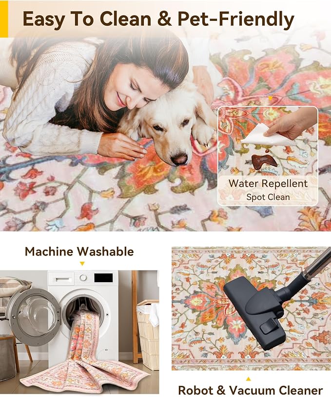 Area Rugs 6ft Washable Non-Slip, Floral Vintage Distress Print Pattern - Image 3