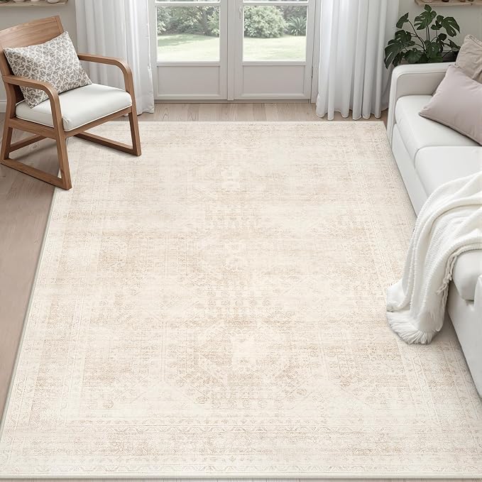 6x9 Area Rugs Living Room: Bedroom Neutral Washable Carpet Beige | Large by Luxturiy