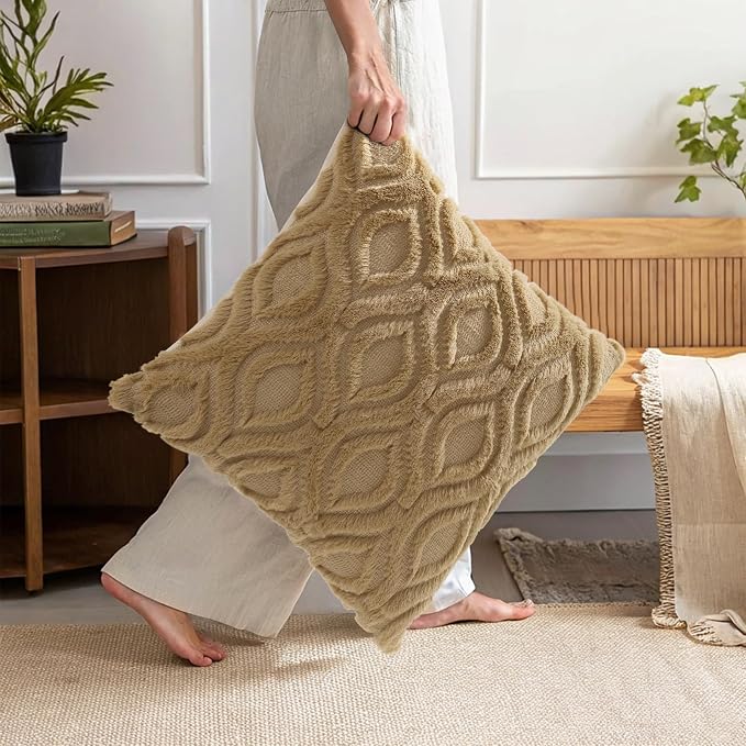 decorUhome Throw Pillow Covers 24x24 Inch Set of 2, Soft Plush Faux Wool Khaki - Image 6