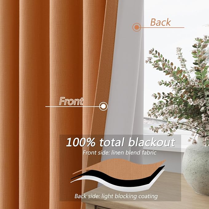 Guken Orange 100% Blackout Linen Curtains 108 Inch Length 2 Panels Set - Image 4