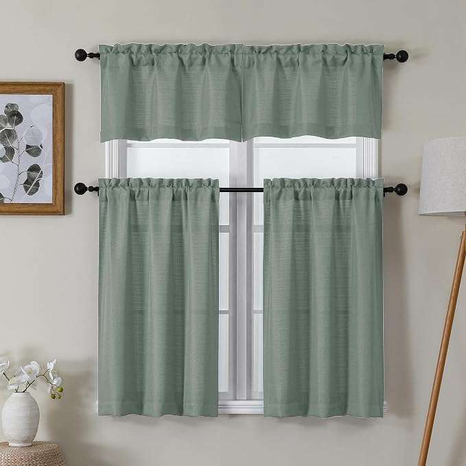 Chyhomenyc Sage Green Valance for Windows, Light Filtering Faux Linen Short - Image 2