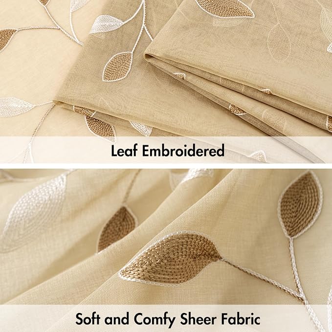 MIULEE Beige Sheer Curtains 2 Panels Embroidered Leaf Patterned Rod Pocket - Image 4