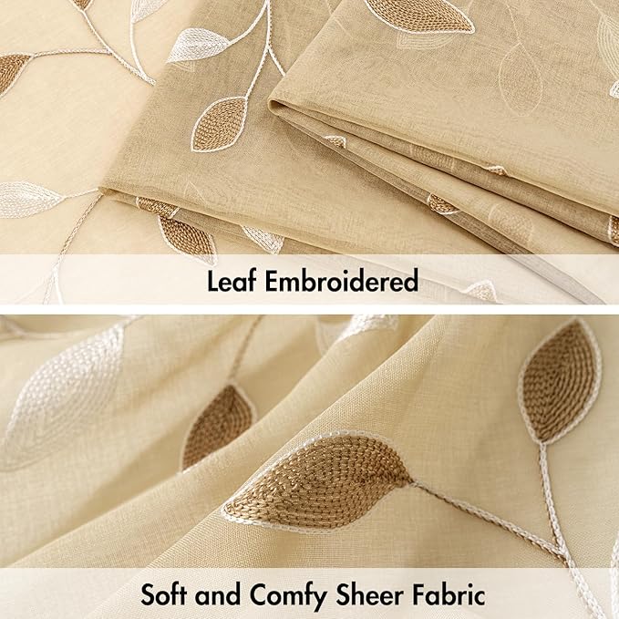 MIULEE Beige Sheer Curtains 2 Panels Embroidered Leaf Patterned Rod Pocket - Image 4