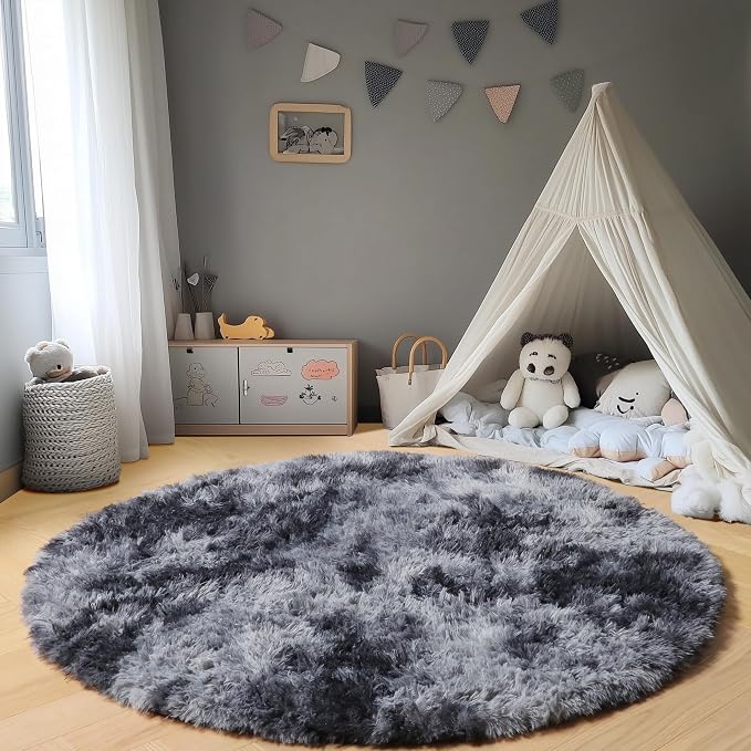 ONASAR Round Rugs 6ft for Living Room Bedroom, Tie-Dyed Dark Grey Fluffy Circle - Image 5