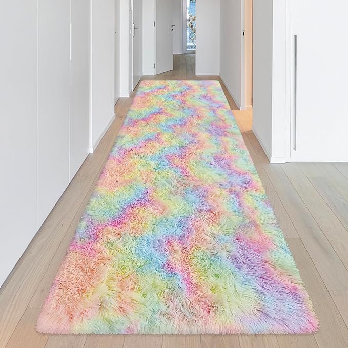 Fluffy Rainbow Rug for Girls Bedroom 3x10 Feet Kawaii Tie Dye Area Rug Colorful - Image 2