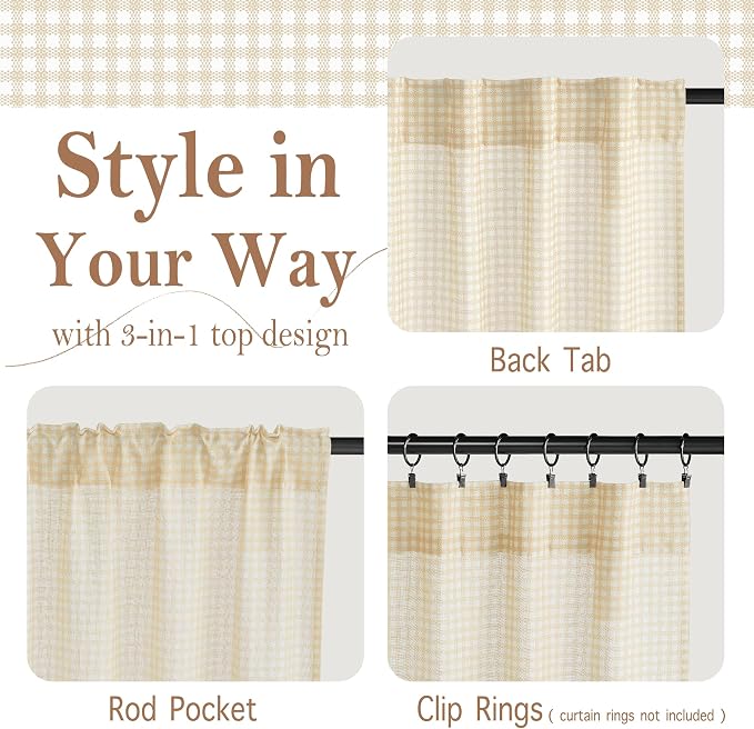 RYB HOME Checkered Kitchen Cafe Curtains 24 inch Length, Vintage Farmhouse - Image 2