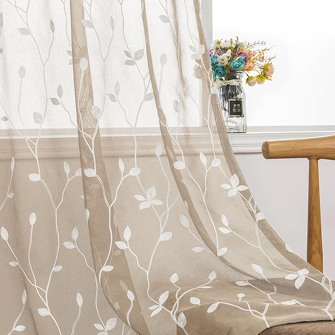 AmHoo 2 Panels Embroidered Leaf Pattern Semi Sheer Curtains Foliage Floral by AmHootextile