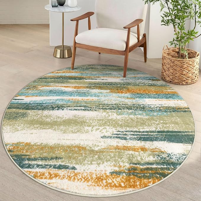 Lansny Modern Abstract Round Rug 5Ft, Soft Circular Dining Room Rug Thin Print by lansny