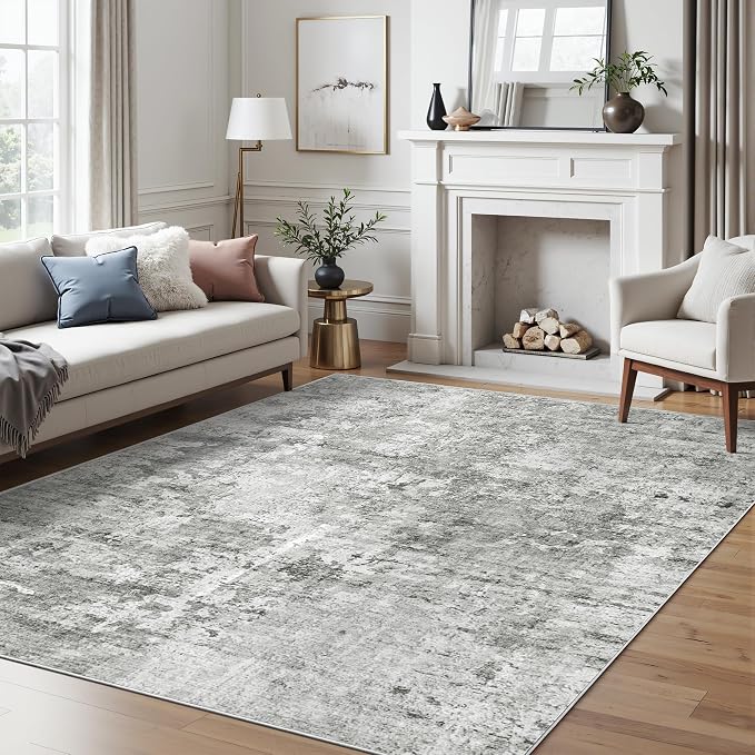 Abstract Rug 5x7 Machine Washable Area Indoor Grey White Low Pile Non-Slip - Image 8