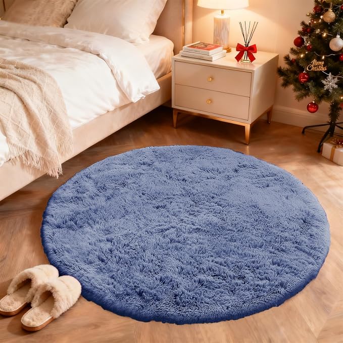OLANLY Denim Blue Round Rugs for Bedroom - Image 3