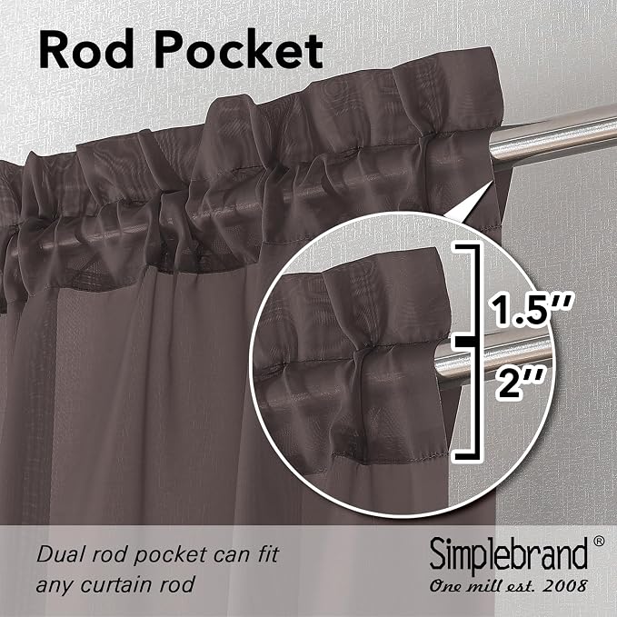Simplebrand Chocolate Short Sheer Kitchen Curtains 36 Inch Length Tier Rod - Image 2