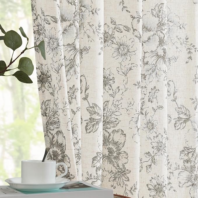 jinchan Linen Blend Curtain Floral Curtains by JINCHAN