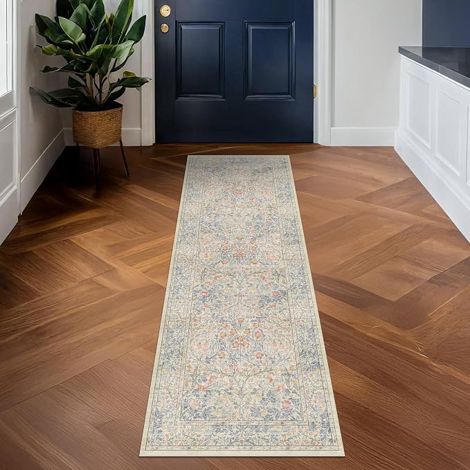 Hazo Haus Non Slip Beige Blue Hallway Runner Rug - Image 9