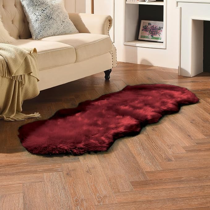 duduta Burgundy Faux Sheepskin Runner Rug 2x6 ft, Fluffy Shag Bedroom Dorm Rug - Image 6