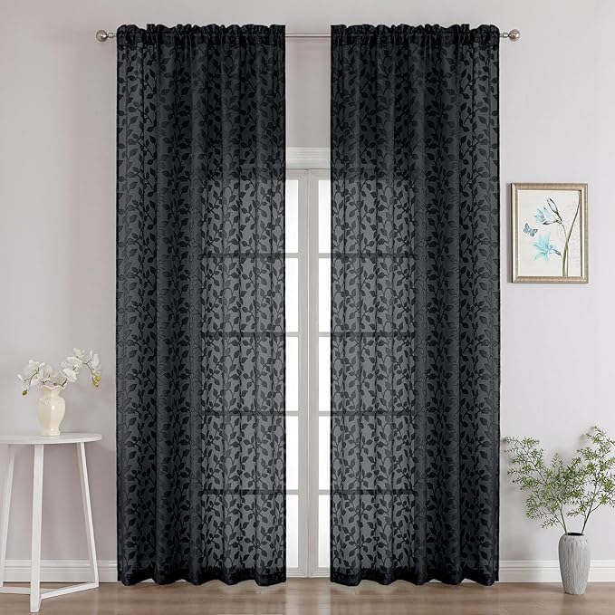 Chyhomenyc Black Sheer Curtains 96 Inch Length 2 Panels Set, Light Filtering by Chyhomenyc