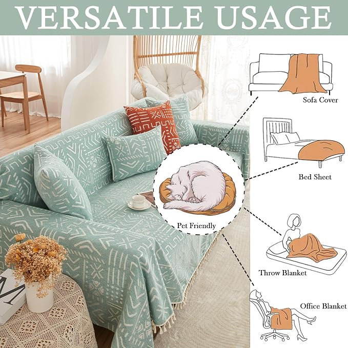 HANDONTIME Farmhouse Couch Cover Tassel Light Green Sofa Covers - Image 6