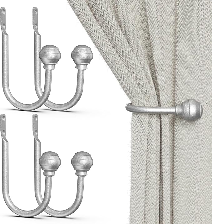 Hion Curtain Holdbacks Silver 4pcs, Curtain Tiebacks Wall Mounted Curtain Hooks by Hion
