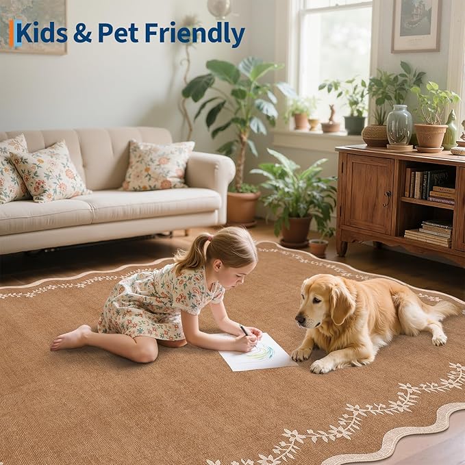 GarveeHome Scalloped Area Rugs 8x10 Large Brown Washable Living Room Rug | Soft - Image 7