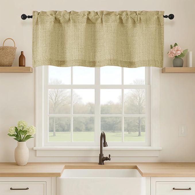 OVZME Valance for Windows, Light Filtering Faux Linen Textured Small Kitchen by OVZME