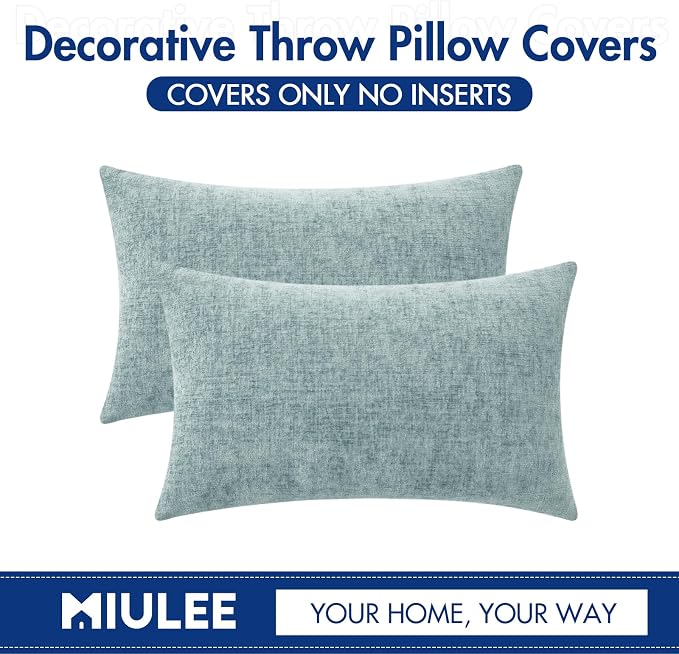 MIULEE Pack of 2 Light Blue Throw Pillow Covers 12x20 Inch Soft Chenille Lumbar - Image 6