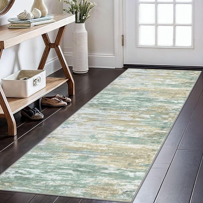 KOZYFLY Modern Abstract Runner Rugs 2x6 Light Green Yellow Machine Washable by KOZYFLY