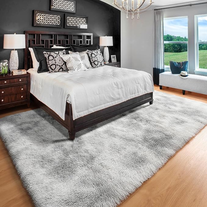 ONASAR 6x9 Area Rugs for Living Room, Large Tie-Dyed Light Grey Fluffy Shag Rug - Image 5