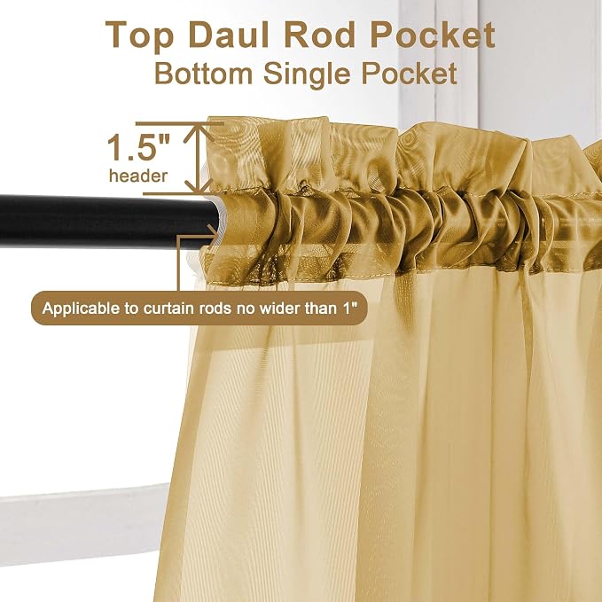 Chyhomenyc Gold Sheer Curtains 36 inch Length 2 Panels Set, Light Filtering - Image 6