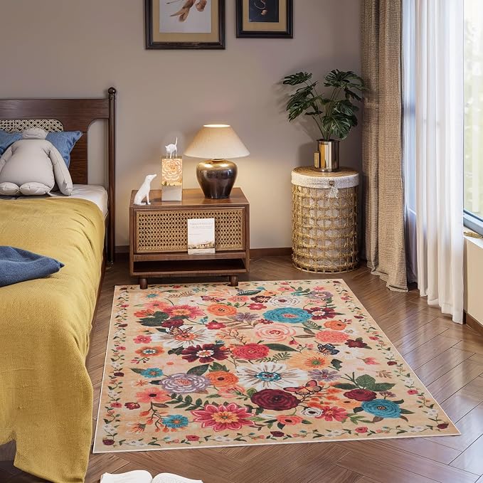 Area Rug 4x6 Rug Washable Boho Rugs Non Slip Low Pile Floral Small Carpet - Image 6