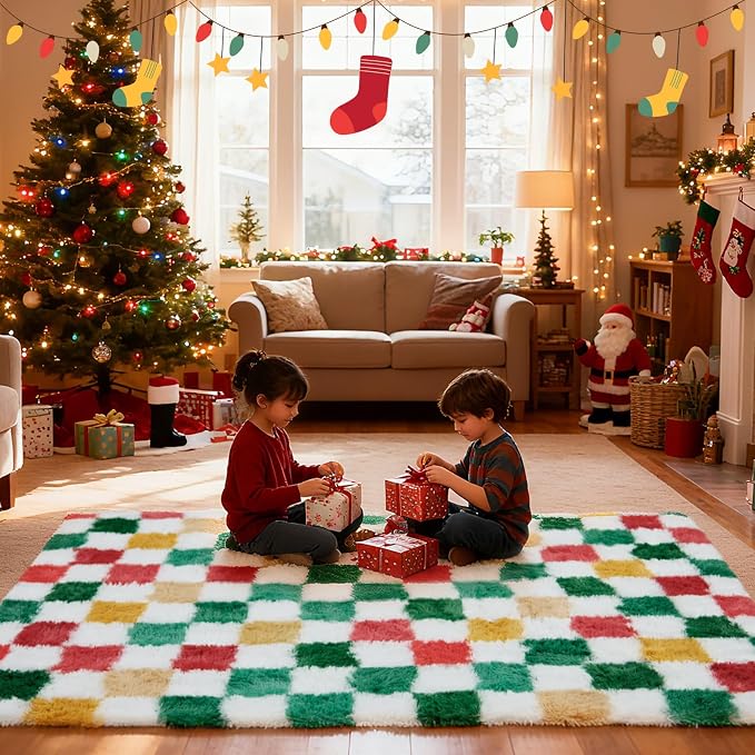 Checkered Area Rug 8x10 for Living Room Bedroom, Christmas Shag Rug Fuzzy - Image 2