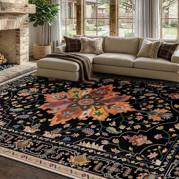 Area Rugs 7'x9' Washable Non-Slip, Floral Vintage Distress Print Pattern by RELEANY