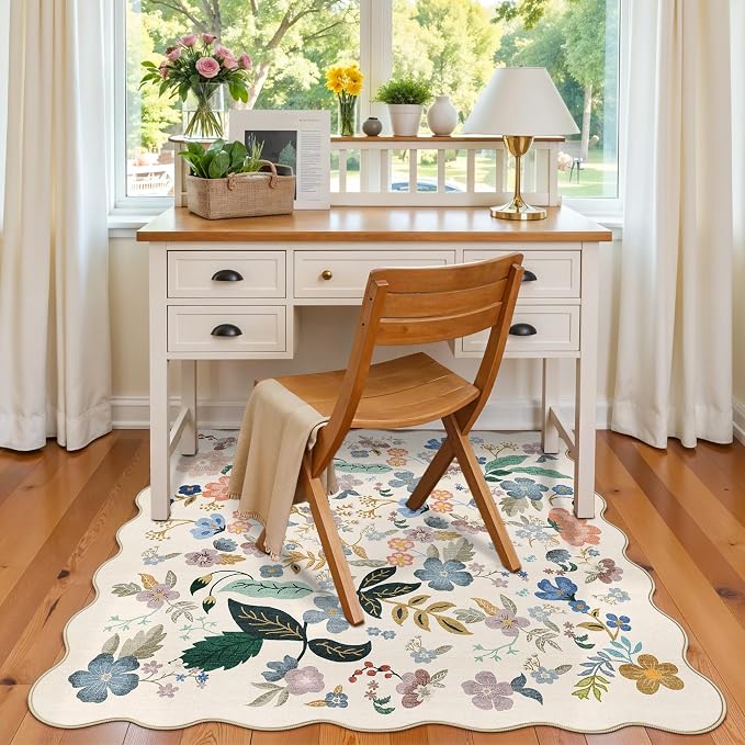 Floral Square Area Rugs for Family: Washable 5x5 Scalloped Carpet for Living - Image 3
