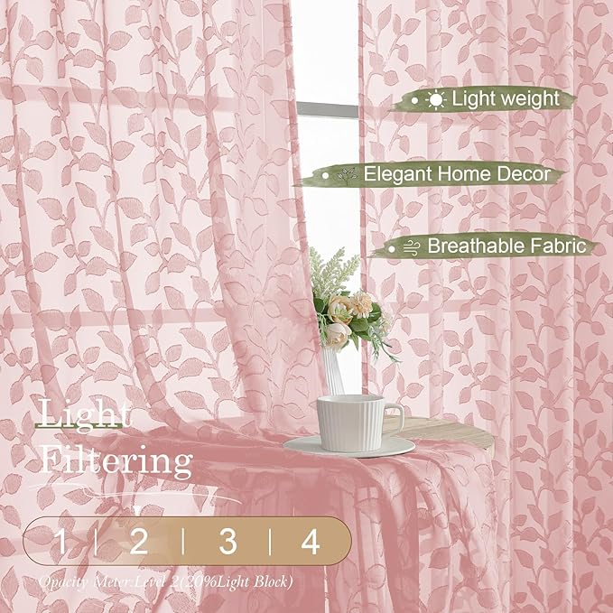 Chyhomenyc Blush Pink Sheer Curtains 90 Inch Length 2 Panels Set, Light - Image 2