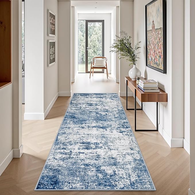 2.6'x8' Runner Rug Washable Rug;Modern Abstract Soft Thin Runner Rug Blue - Image 3