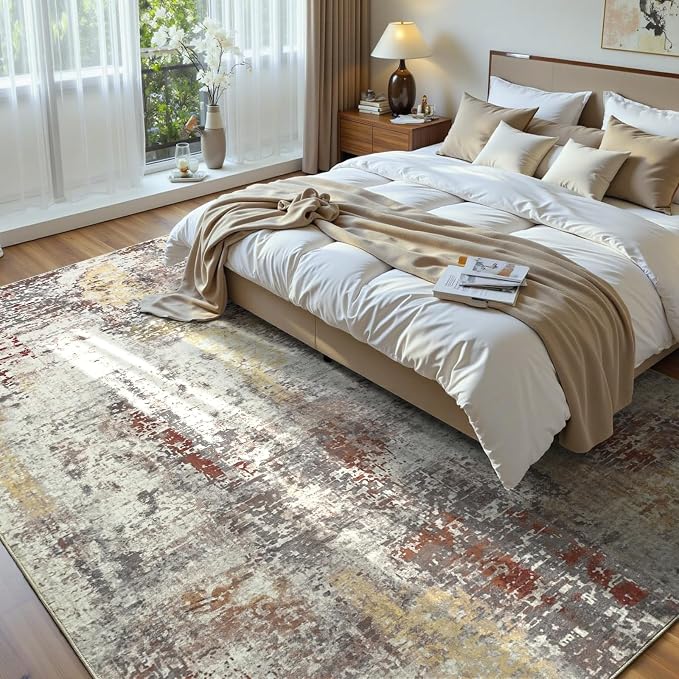 Living Room Rug 7x10 Beige Area Rugs Machine Washable Abstract Boho Large Rug - Image 2