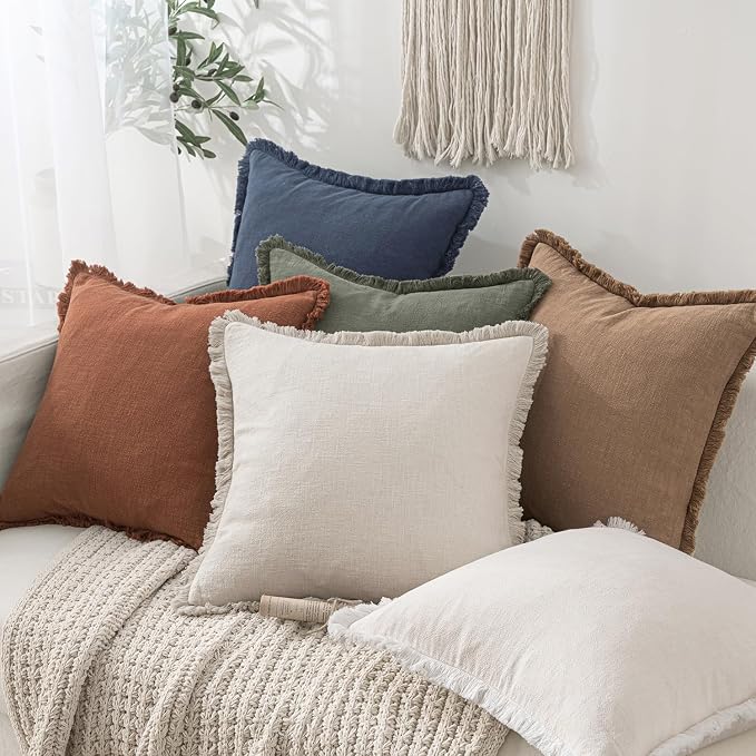 MIULEE Decorative Throw Pillow Covers Neutral Linen Fringe Throw Pillows Euro - Image 6