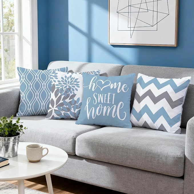 Hexagram Geometric Aqua Blue Pillow Covers 18x18 Set of 4, Decorative Outdoor - Image 7