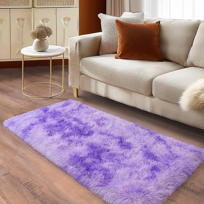 Soft Runner Rugs for Bedroom Hallways, 2x4 Tie-Dyed Purple Fluffy Shag Throw - Image 5