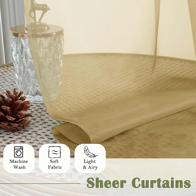 Lecloud Gold Sheer Curtains 63 Inch Length 2 Panels, Rod Pockets Window - Image 4
