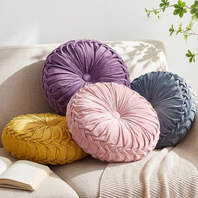 Kathfly Set of 4 Decorative Round Pleated Throw Pillows, Classy Velvet Pumpkin - Image 7