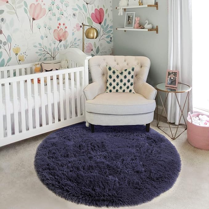 Purple Gray Round Rugs 5Ft for Bedroom Decor Aesthetic, Fluffy Fuzzy Circle - Image 5