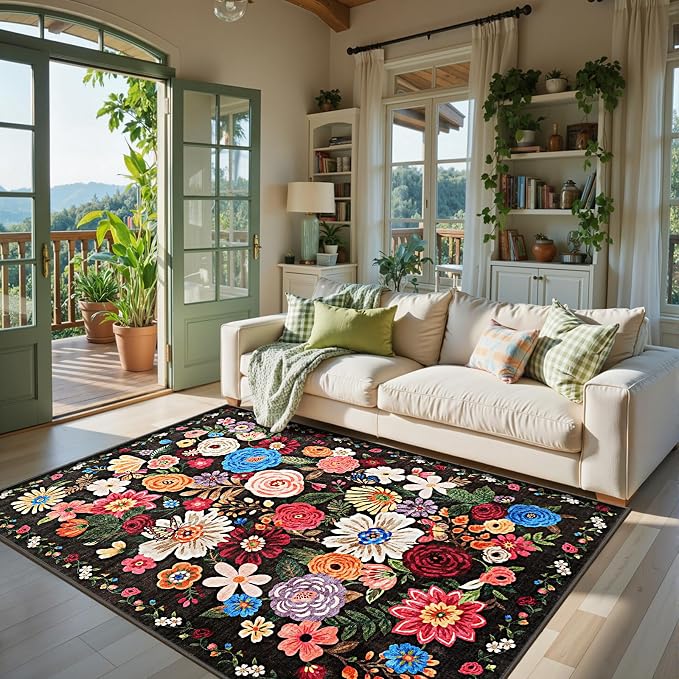 Area Rug 4x6 Black/Brown Rug, Washable Boho Rugs Non Slip Low Pile Floral Small by WelcometoBabovid