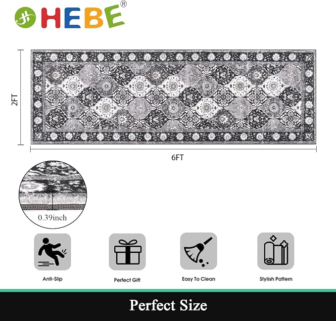 HEBE Hallway Runner Rug 2'x6' Washable Vintage Distressed Area Rugs Non Slip - Image 2