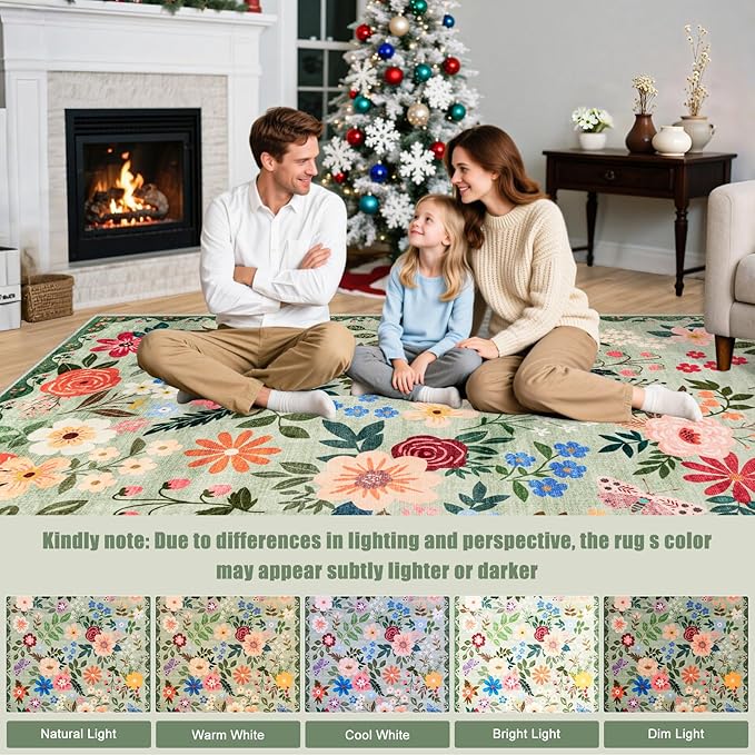 Round Area Rug for Living Room: 6 ft Floral Washable Circle Rug Soft Boho - Image 9