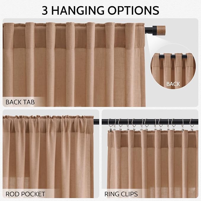 Nanspring Peach Linen Curtains 96 Inches Long Set - Image 2