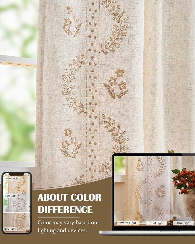 jinchan Belrose Lined Linen Blend Curtains Boho Floral Curtains - Image 8