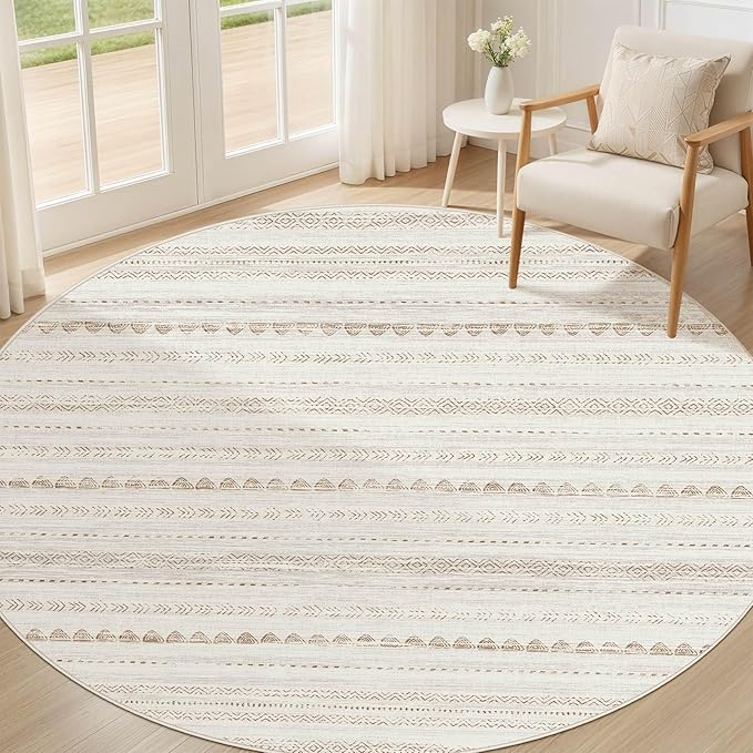 Nakagishi Round Rug Boho Area Rugs: 6x6 Washable Large Circle Neutral Soft by NakagishiAreaRug